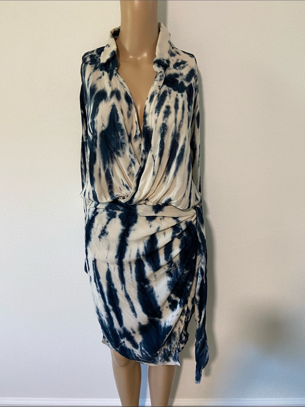 Young Fab & broke Tie-Dye Wrap Dress in Navy and Cream Sz M